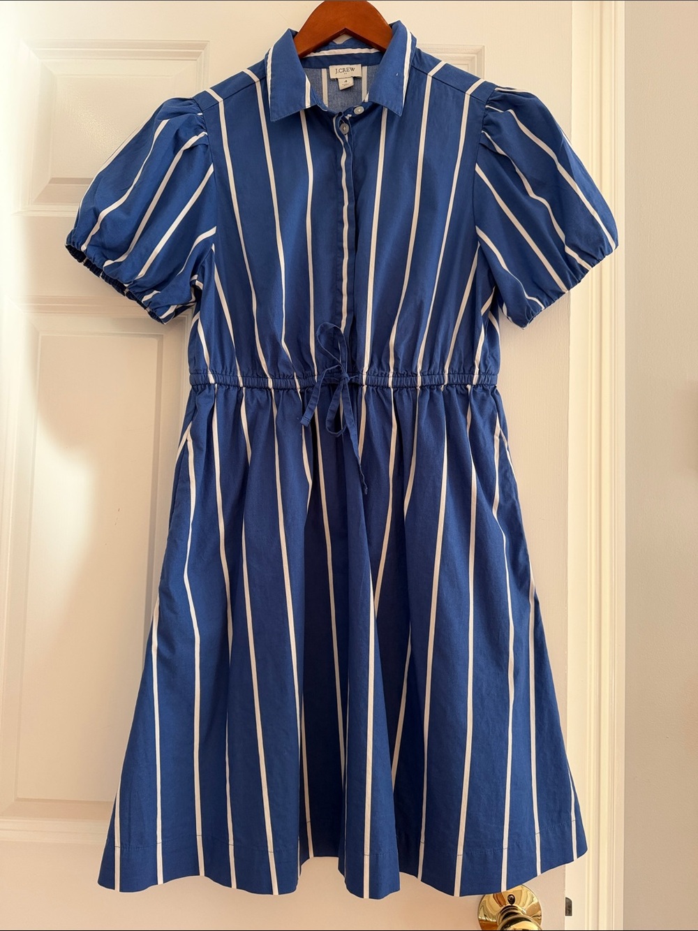 J Crew Factory Blue & White Striped Puff Sleeve Tie-Waist Dress Size 4